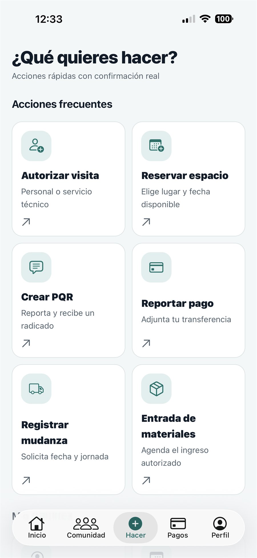 Aplicación LSS Comunidad: autorizar visitas, reservar espacios, crear PQR, reportar pagos, registrar mudanzas y entrada de materiales.