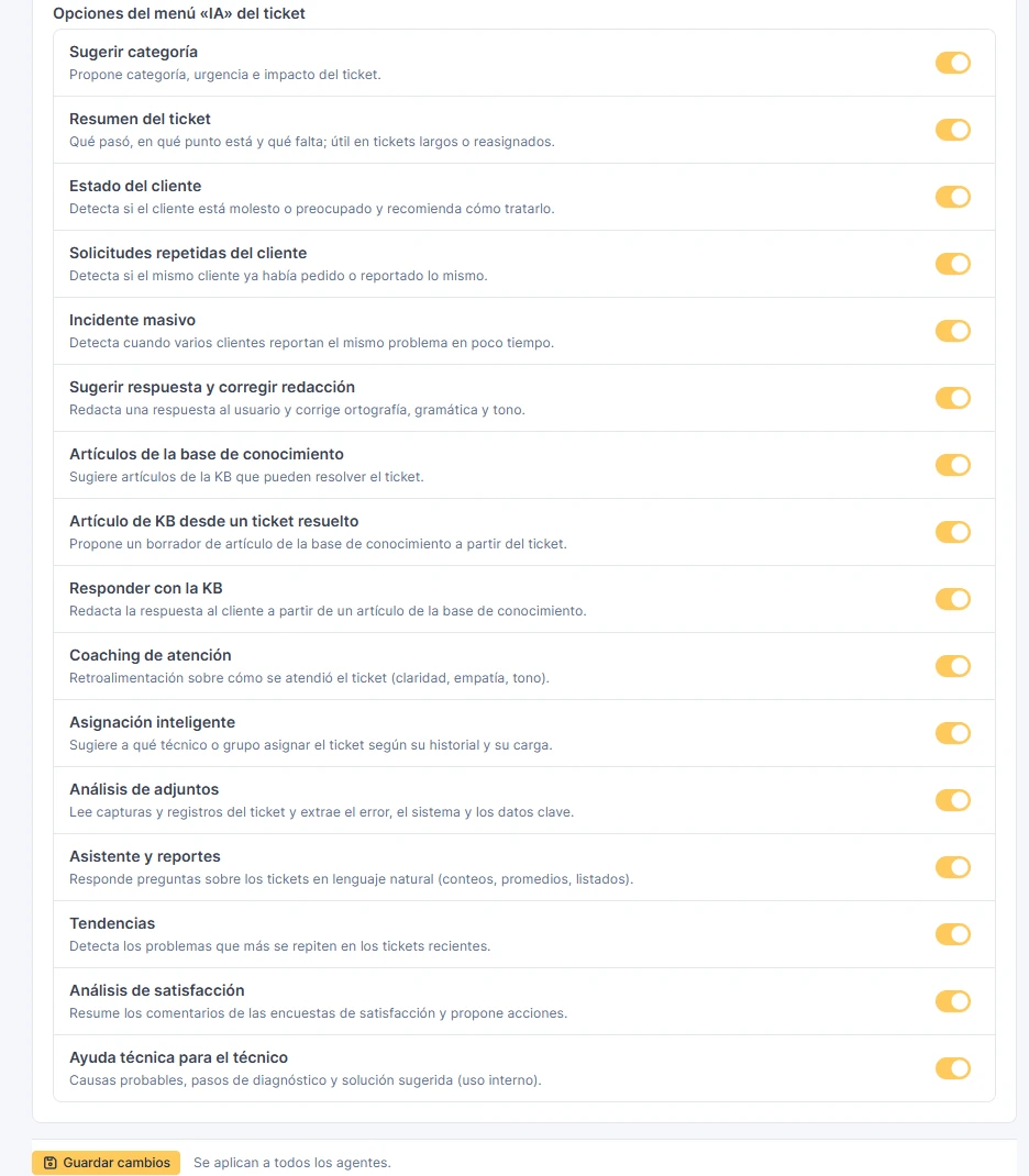 Pantalla de configuración con las dieciséis funciones listadas una debajo de otra, cada una con su descripción y su interruptor: sugerir categoría, resumen del ticket, estado del cliente, solicitudes repetidas, incidente masivo, sugerir respuesta y corregir redacción, artículos de la base de conocimiento, artículo de KB desde un ticket resuelto, responder con la KB, coaching de atención, asignación inteligente, análisis de adjuntos, asistente y reportes, tendencias, análisis de satisfacción y ayuda técnica para el técnico.