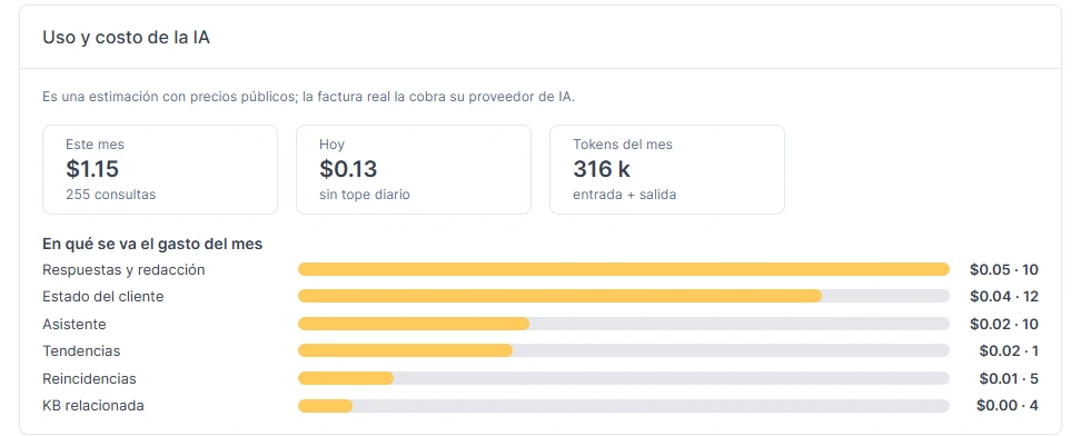 Bloque «Uso y costo de la IA»: un dólar con quince centavos en el mes sobre doscientas cincuenta y cinco consultas, trece centavos hoy, trescientos dieciséis mil tokens del mes, y el desglose de en qué se va el gasto por función.