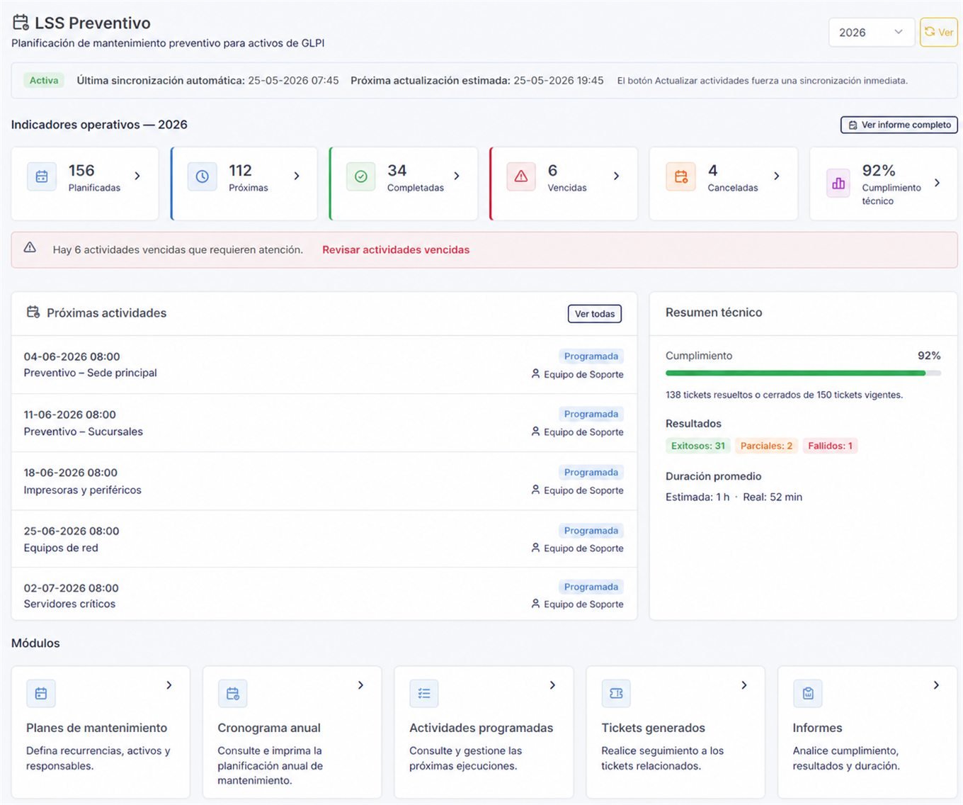 Panel operativo de LSS Preventivo mostrando 156 actividades planificadas, 112 próximas, 34 completadas, 6 vencidas, 4 canceladas y 92 % de cumplimiento técnico, junto al listado de próximas actividades y el resumen técnico.