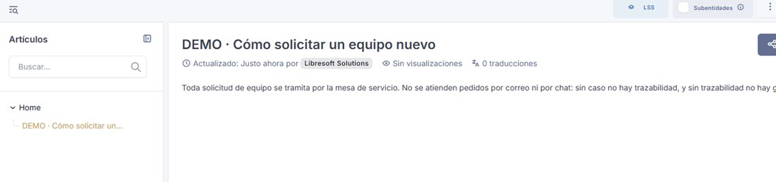 Base de conocimiento de GLPI 12: árbol de artículos a la izquierda y, a la derecha, el artículo con su fecha de actualización, autor, visualizaciones y traducciones.