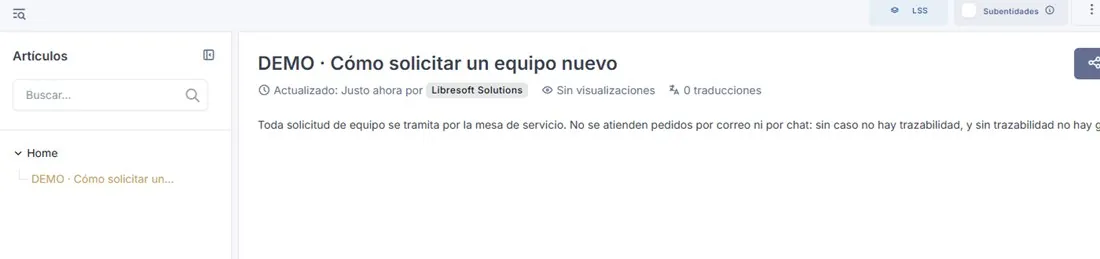 Base de conocimiento de GLPI 12: árbol de artículos a la izquierda y, a la derecha, el artículo con su fecha de actualización, autor, visualizaciones y traducciones.