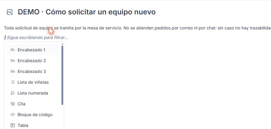 Editor por bloques de la base de conocimiento: al escribir una barra aparece un menú con Encabezado 1, 2 y 3, lista de viñetas, lista numerada, cita, bloque de código y tabla.
