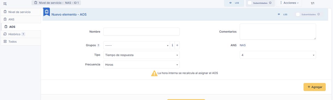 Formulario de un nuevo AOS en GLPI 12, con los campos Nombre, Comentarios, Grupos, ANS, Tipo de compromiso y Frecuencia, y un aviso de que la hora interna se recalcula al asignar el acuerdo.