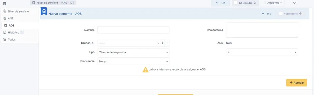 Formulario de un nuevo AOS en GLPI 12, con los campos Nombre, Comentarios, Grupos, ANS, Tipo de compromiso y Frecuencia, y un aviso de que la hora interna se recalcula al asignar el acuerdo.